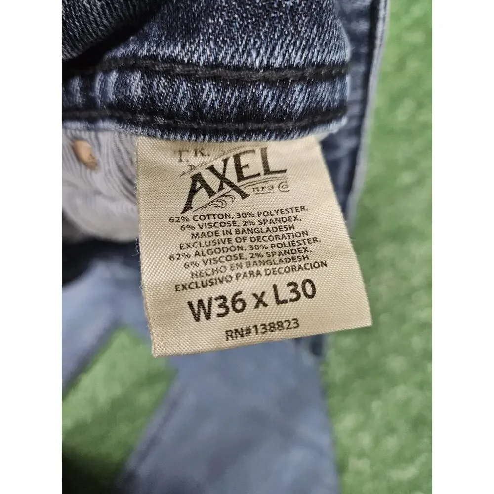 TK Axel Jeans Mens 36x30 Slim Boot Cut Denim Blue Med Wash Flap Pockets Cowboy